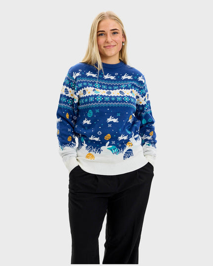 Niedlicher blauer Osterpullover – Damenversion