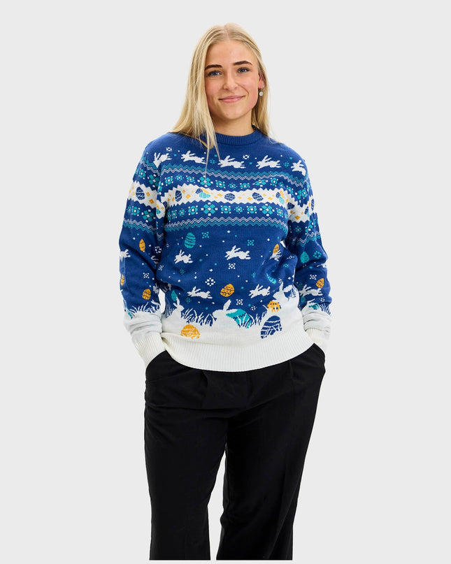 Niedlicher blauer Osterpullover – Damenversion
