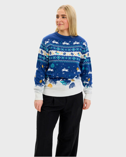 Niedlicher blauer Osterpullover – Damenversion