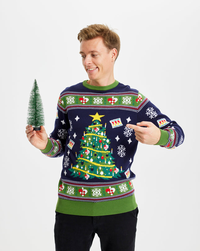 Blauer Weihnachtsbaum-Pullover – Herren