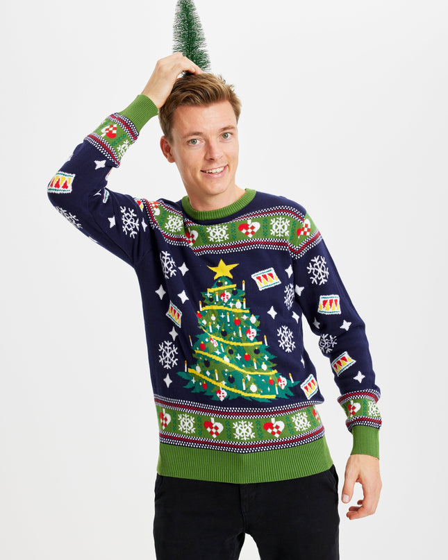Blauer Weihnachtsbaum-Pullover – Herren