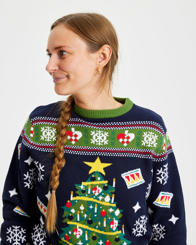 Blauer Weihnachtsbaum-Pullover - Damen