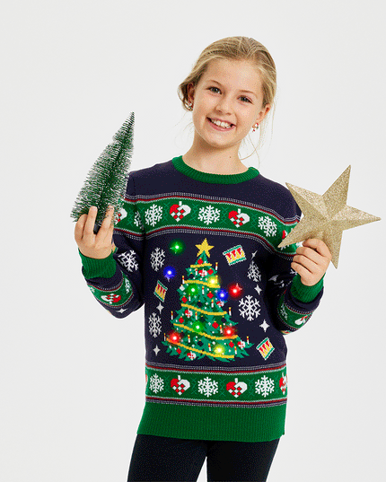 Blauer Weihnachtsbaum-Pullover für Kinder