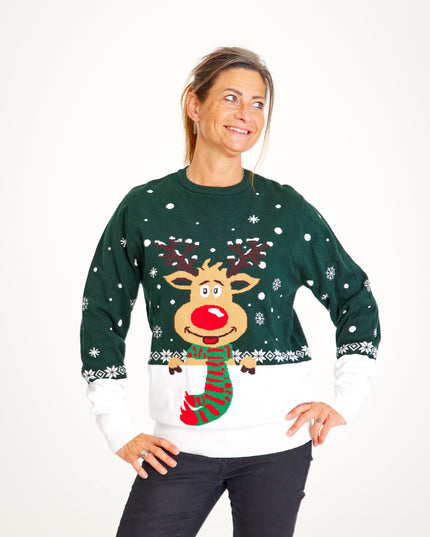 Grüner Rudolph-Weihnachtspullover für Damen – Festlicher Look
