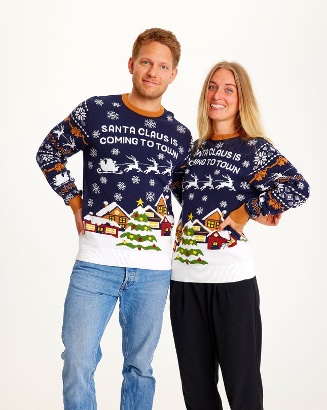 Santa Claus Is Coming To Town Navy Sweater - Women