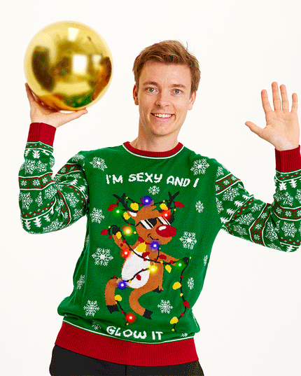 „Sexy und ich leuchte!“ Grüner Pullover für Herren – Leuchtspaß