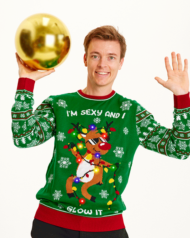 „Sexy und ich leuchte!“ Grüner Pullover für Herren – Leuchtspaß