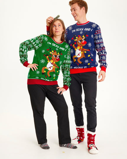 Sexy And I Glow It blauer Weihnachtspullover für Herren