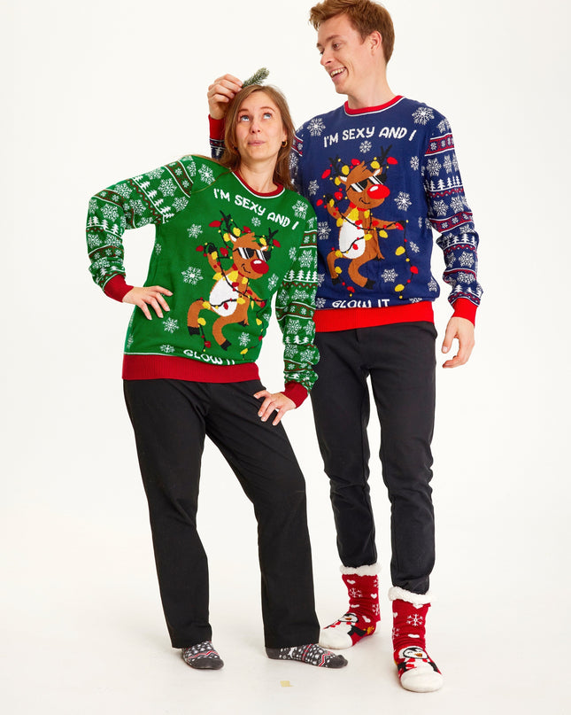 „Sexy und ich leuchte!“ Grüner Pullover für Herren – Leuchtspaß