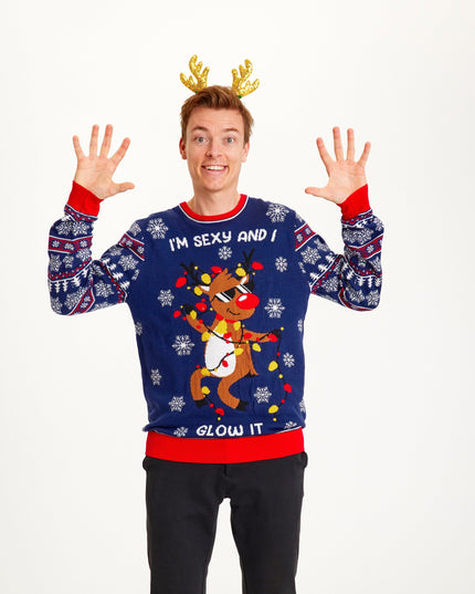 Sexy And I Glow It blauer Weihnachtspullover für Herren