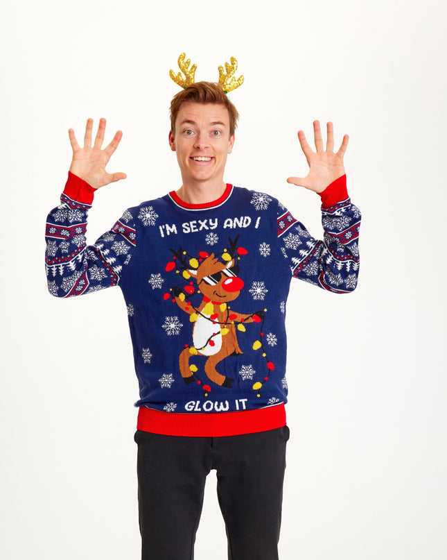 Sexy And I Glow It blauer Weihnachtspullover für Herren