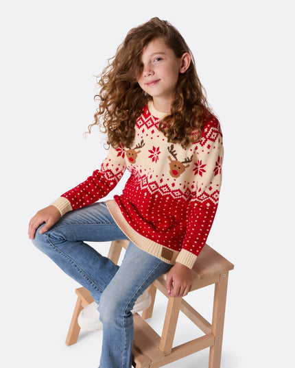 Kinder-Retro-Weihnachtspullover mit Rentiermotiv, rot