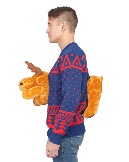 Hässlicher Weihnachtspullover mit marineblauem 3D-Elchmotiv