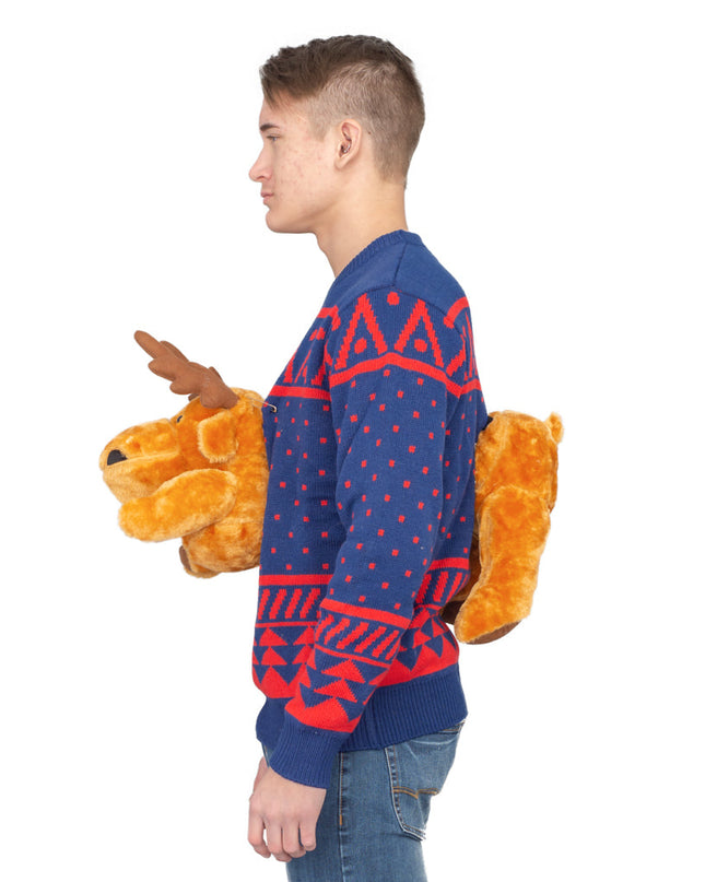 Hässlicher Weihnachtspullover mit marineblauem 3D-Elchmotiv