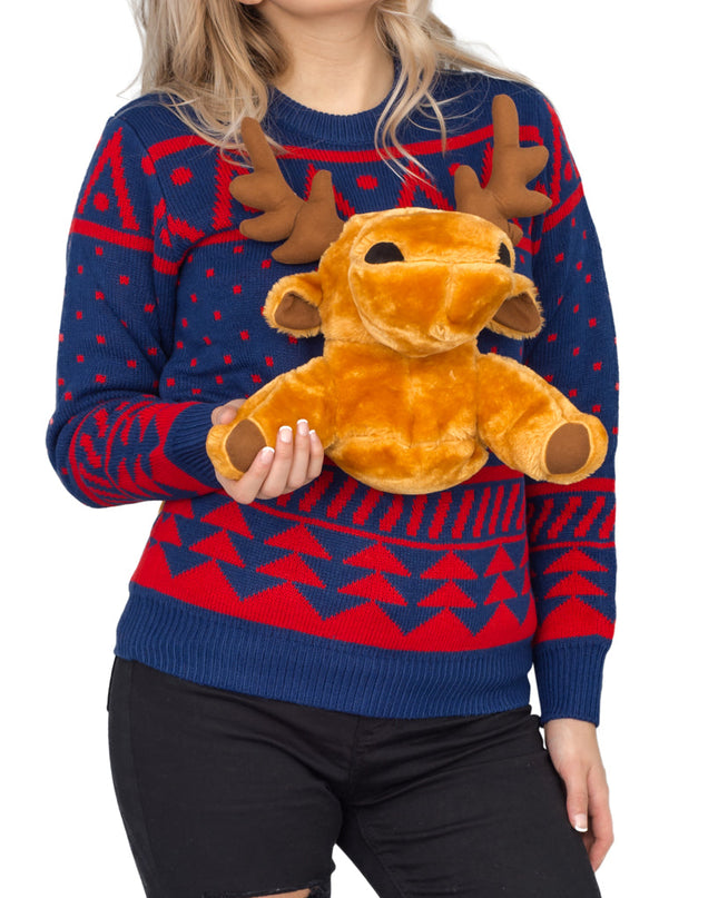 Damen-Weihnachtspullover mit 3D-Elchmotiv in Marineblau