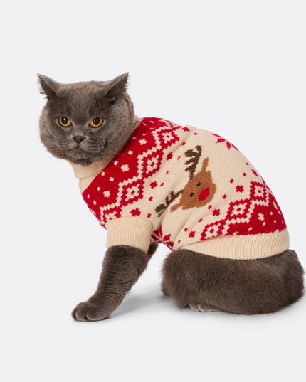 Roter Retro-Weihnachtspullover mit Rentier-Motiv für Katzen | Hässlicher Weihnachtspullover