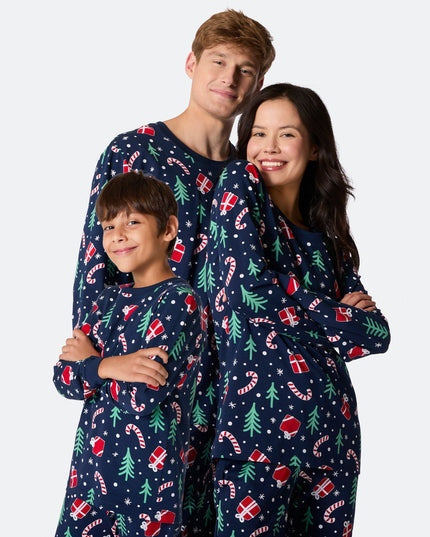 Familienpyjama mit blauem Weihnachtsmuster | Gemütliches Festtags-Set