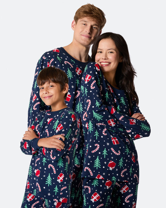 Familienpyjama mit blauem Weihnachtsmuster | Gemütliches Festtags-Set
