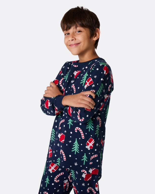 Familienpyjama mit blauem Weihnachtsmuster | Gemütliches Festtags-Set
