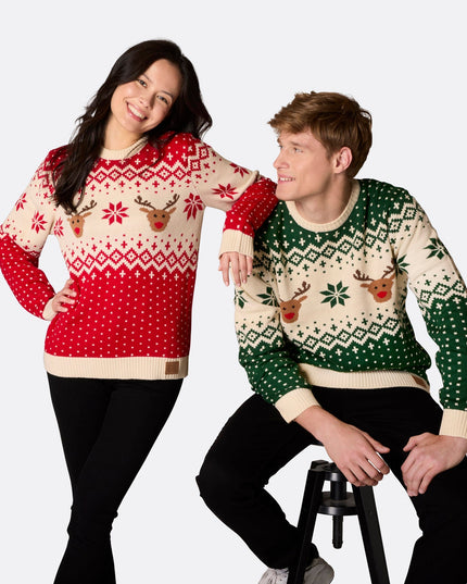 Herren-Weihnachtspullover im Retro-Stil, grün, mit Rentiermotiv