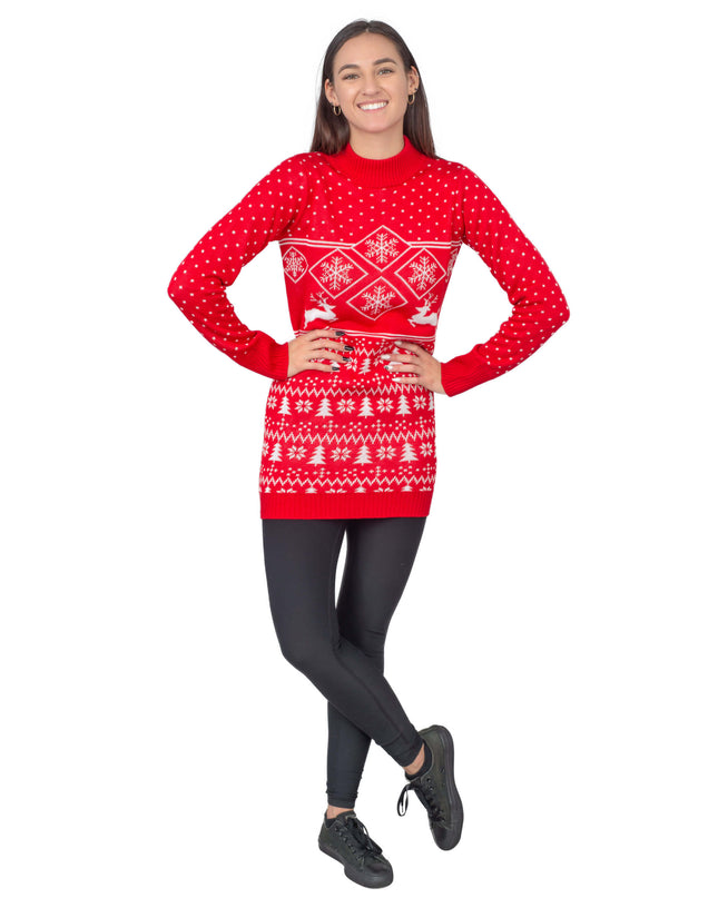 Hässliches Weihnachtspulloverkleid mit rotem Rentier-Motiv für Damen