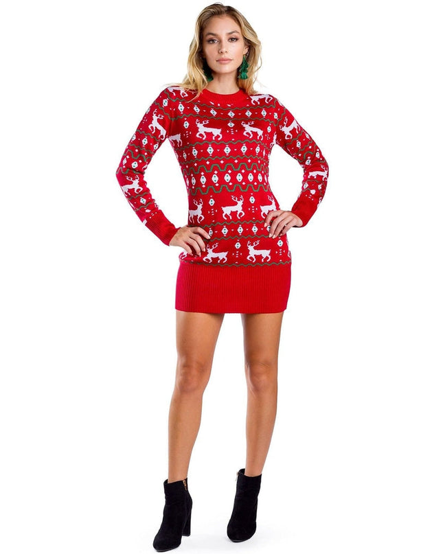 Women's Red Reindeer Sweater Dress