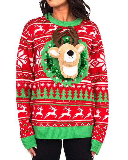 hässlicher Weihnachtspullover mit Rentier-Trophäenkopf, 3D-LED