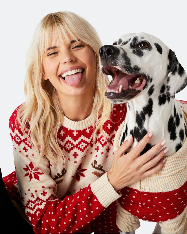 Damen-Retro-Weihnachtspullover mit Rentiermotiv in Rot