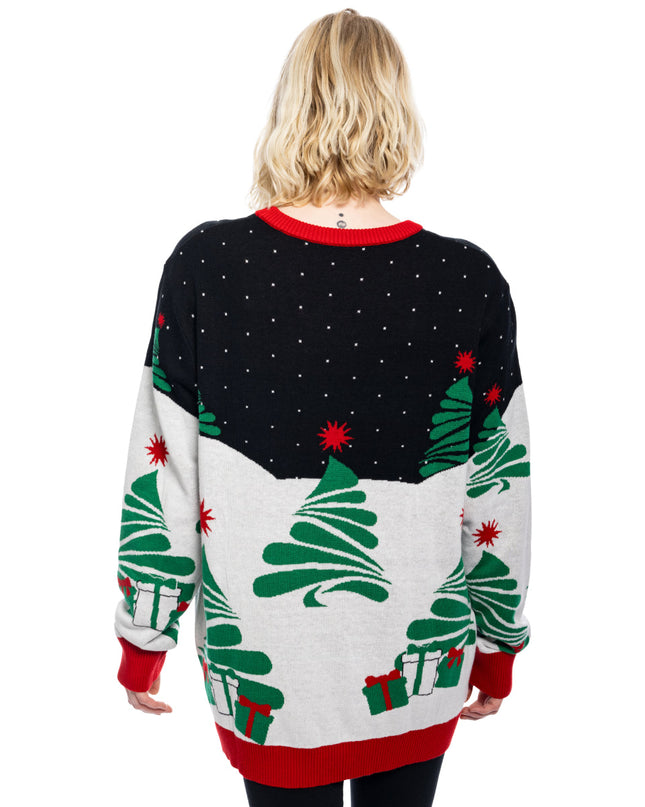 Weihnachtspullover mit Weihnachtsmann auf T-Rex-Schlitten