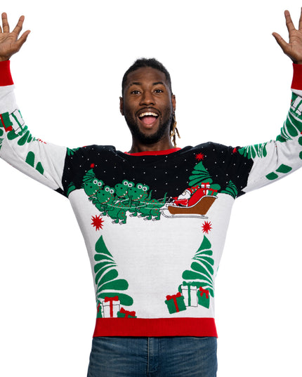 Weihnachtspullover mit Weihnachtsmann auf T-Rex-Schlitten