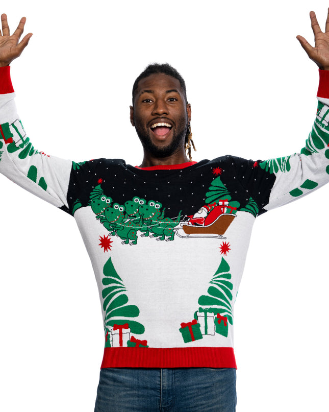 Weihnachtspullover mit Weihnachtsmann auf T-Rex-Schlitten