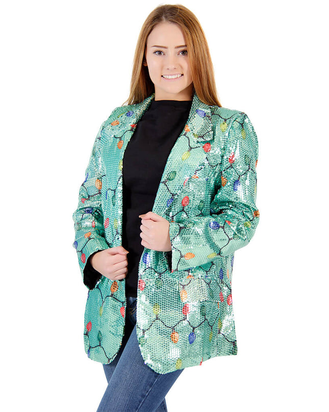 Damen-Pailletten-Weihnachtslichter-Blazer-Jacke