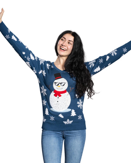 Damen-Weihnachtspullover mit Pailletten und Schneemannmotiv