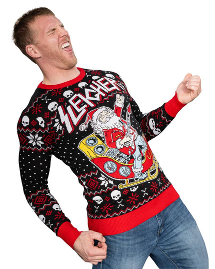 Rock'n'Roll-Weihnachtsmann, Gitarrenschlittenfahrer, hässlicher Pullover