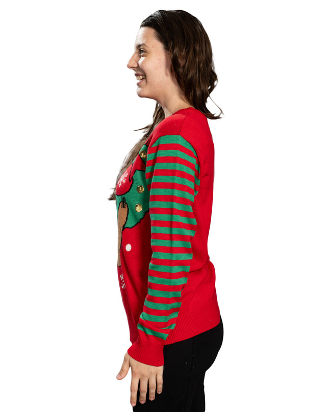 Hängendes Faultier an Weihnachtsbaumschmuckkranz, hässlicher Pullover