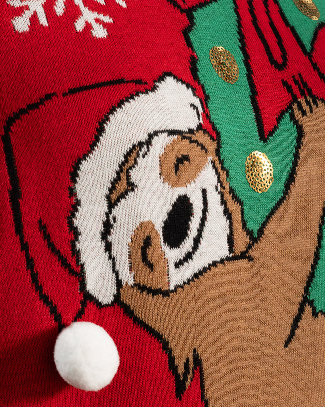 Hängendes Faultier an Weihnachtsbaumschmuckkranz, hässlicher Pullover