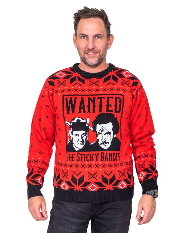 Lustiger, hässlicher Weihnachtspullover aus den 1980er Jahren mit Sticky Bandits-Motiven