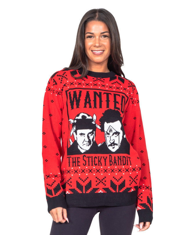 Lustiger, hässlicher Weihnachtspullover aus den 1980er Jahren mit Sticky Bandits-Motiven