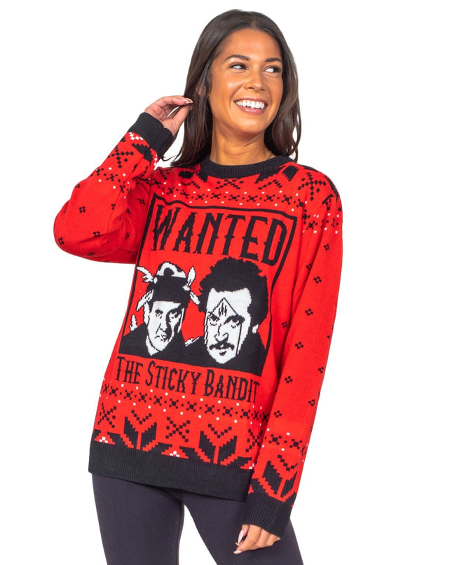 Lustiger, hässlicher Weihnachtspullover aus den 1980er Jahren mit Sticky Bandits-Motiven