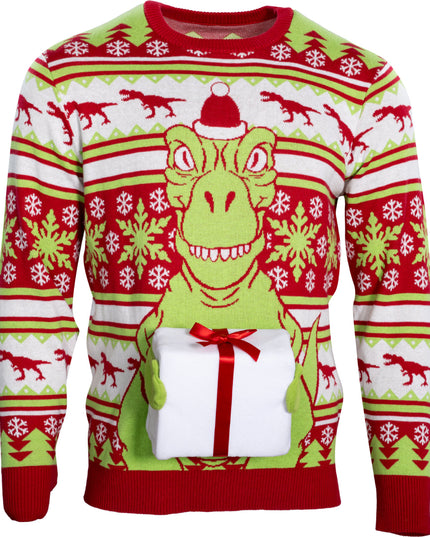 T-Rex Santa Hat 3D Flappy Present Ugly Christmas Sweater