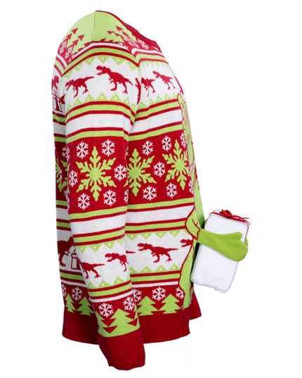 T-Rex Santa Hat 3D Flappy Present Ugly Christmas Sweater