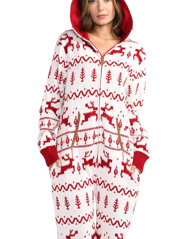 Women's Red and White Fair Isle Knit Jumpsuit