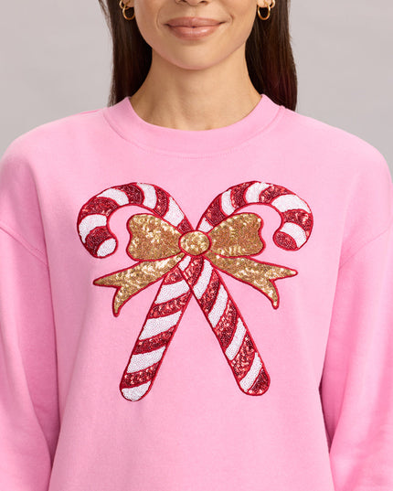 Women's Pink Sequin Candy Cane Sweatshirt