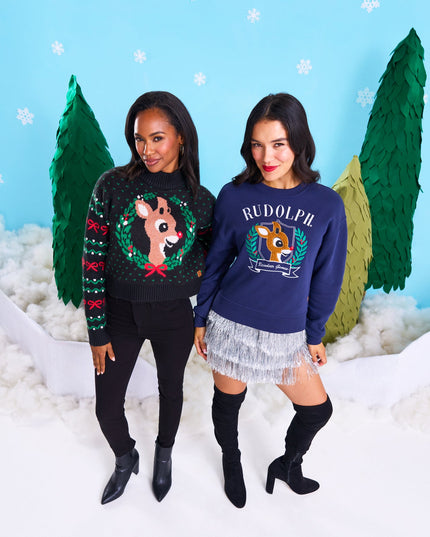 Women's Cozy Knit Rudolph Wreath Cropped Christmas Sweater