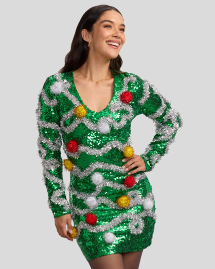 Women's Tangled Pom Pom Sequin V Neck Dress