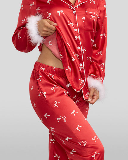 Women's Christmas Bow Satin Feather Pajama Set