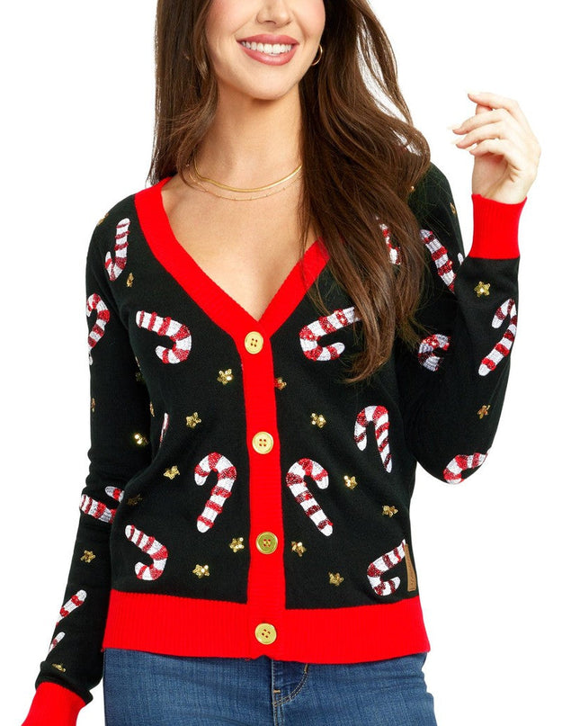Women's Sequin Candy Cane Cardigan Sweater