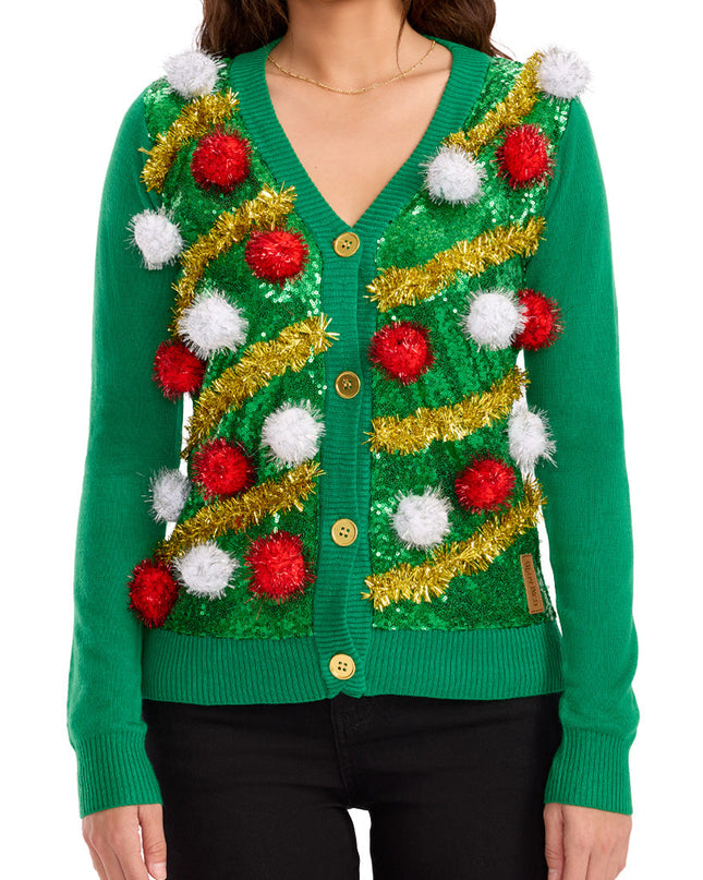 Women's Pom Party Ugly Christmas Cardigan Sweater