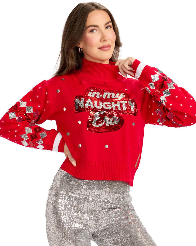 Women's Nice Era Turtleneck Cropped Reversible Sequin Christmas Sweater