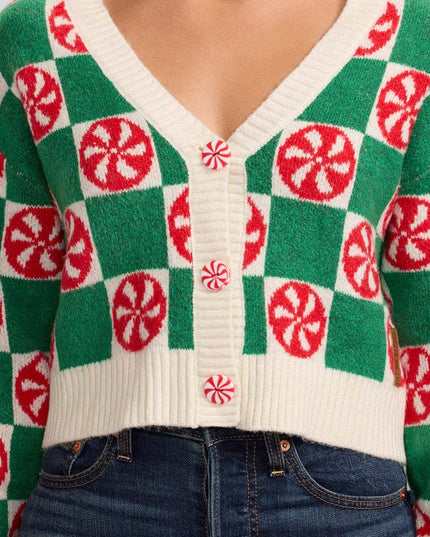 Women's Cozy Knit Checker Mint Cropped Christmas Cardigan Sweater